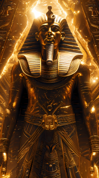 Mystical golden pharaoh statue phone wallpaper evoking ancient Egypt fantasy vibes.