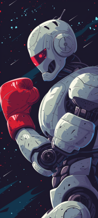Robot with red boxing glove in a dynamic pose against a starry space background, ideal for phone wallpaper.
