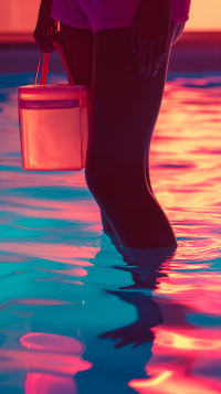 Vaporwave aesthetic wallpaper featuring a person holding a transparent purse beside a pool with neon pink and blue lights reflecting on water.