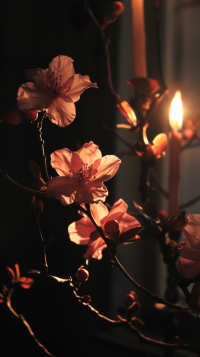 Spring blossom wallpaper with delicate flowers illuminated by candlelight for phone background.