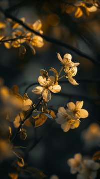 Elegant spring blossom wallpaper for phone with a golden hue, capturing the serene beauty of flowers against a dark background.
