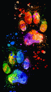 Colorful paint splatter paw print design on a black background, ideal for a creative and vibrant phone wallpaper.