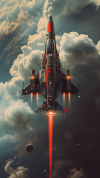 Dieselpunk-inspired aircraft soaring through clouds with a futuristic design, perfect for a phone wallpaper.