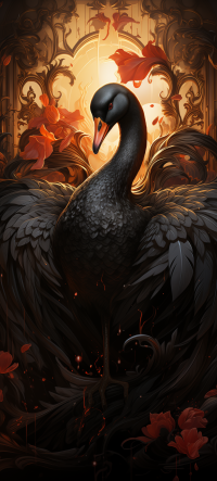 Majestic black swan illustration with ornate backdrop and red flowers, ideal for phone wallpaper.