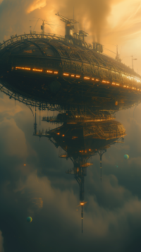Steampunk airship floating among clouds with golden sunset glow, perfect for phone wallpaper.
