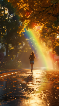 A person jogging down a wet path with a vibrant rainbow in the background after a rain, surrounded by nature, suitable as a sports-themed phone wallpaper.