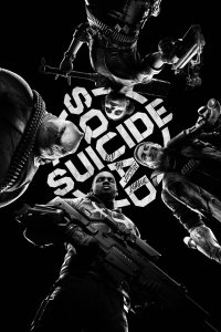 Suicide Squad: Kill the Justice League video game characters featured in a monochrome phone wallpaper design.