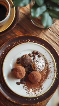 Assorted chocolate truffles on a plate with coffee beans, perfect for a phone wallpaper.