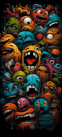 Creepy emoji-themed phone wallpaper featuring a colorful assortment of quirky and monstrous cartoon faces.