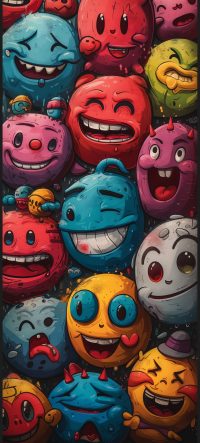 Colorful quirky emoji-themed phone wallpaper featuring a variety of expressive and weird cartoon faces.