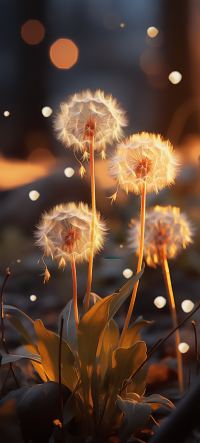 Glowing dandelion flowers at twilight, perfect for serene phone wallpaper.
