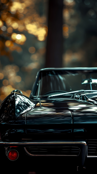 Sleek black Chevrolet Corvette wallpaper highlighting the car's classic front-end design, set against a blurred autumn forest backdrop.
