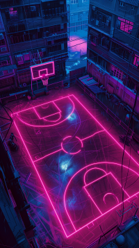 Neon-lit basketball court at night for phone wallpaper.