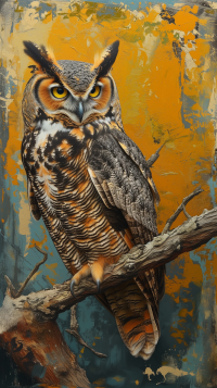 Great Horned Owl perched on a branch, phone wallpaper with vibrant orange and blue background.