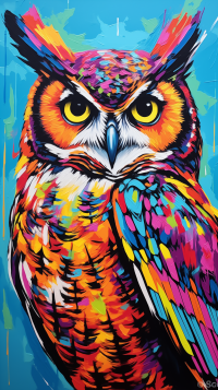 Colorful artistic rendition of a great horned owl, ideal for phone wallpaper.