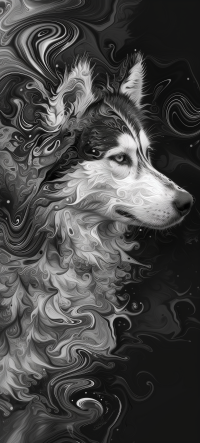 Artistic black and white wallpaper featuring a stylized Alaskan Malamute dog with abstract swirling patterns.