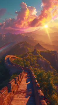 Breathtaking view of the Great Wall of China at sunset with a vivid rainbow, perfect for a phone wallpaper.