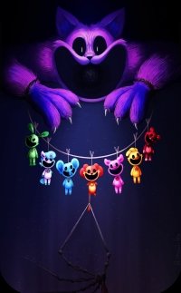 Poppy Playtime themed phone wallpaper featuring the CatNap character looming over colorful toy figures suspended in the dark.