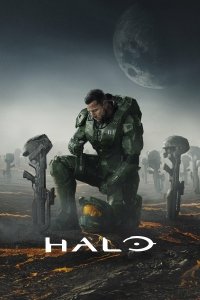 Halo TV series wallpaper showcasing the iconic Spartan soldier kneeling on a battlefield with a looming planet in the background.