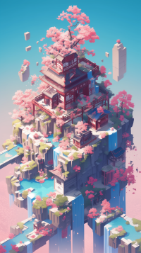 Isometric Japanese cherry blossom wallpaper featuring a traditional pagoda surrounded by sakura trees.