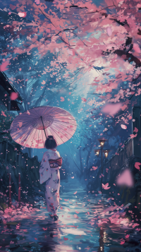 Anime girl in kimono with umbrella walking under cherry blossoms for phone wallpaper.