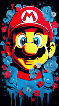 Colorful Super Mario phone wallpaper with floral design on a dark background.
