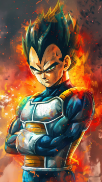 Fan art wallpaper for phones featuring Vegeta from Dragon Ball with a fiery background, showcasing his powerful aura.