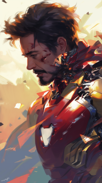 Artistic phone wallpaper featuring a detailed portrayal of Iron Man in his suit, with a focused expression, set against a dynamic, abstract background, inspired by Marvel Comics' Tony Stark character.
