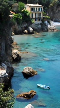 Italian coastal scenery with turquoise sea, cliffside villa, and boat wallpaper for phones.