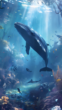 Majestic whale illustrated phone wallpaper featuring a serene underwater scene with a whale and marine life in an aquarium setting.
