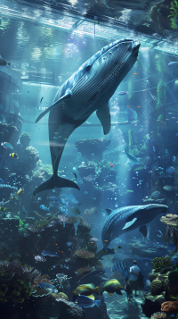 Stunning aquarium-themed phone wallpaper featuring a majestic whale swimming amidst underwater marine life.