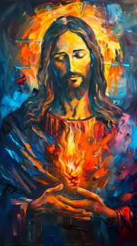 Colorful artistic representation of Jesus with a glowing heart, suitable as a spiritual phone wallpaper.
