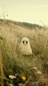 Cute ghost illustration in a field for a whimsical phone wallpaper.