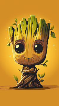 Illustration of Groot from Marvel Comics as a cute character, ideal for a phone wallpaper with a warm golden background.