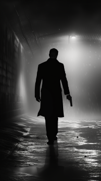 Silhouetted figure resembling James Bond in a moody, noir-style alleyway phone wallpaper.