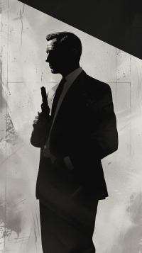 Silhouette of a classic spy character similar to James Bond holding a gun, styled as a monochrome phone wallpaper with a vintage texture.