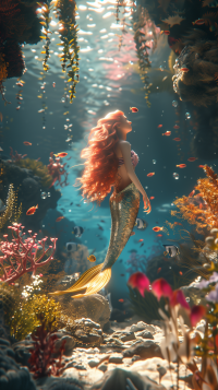 Enchanting mermaid phone wallpaper featuring a graceful mermaid with flowing red hair, swimming amidst sunlit underwater flora.