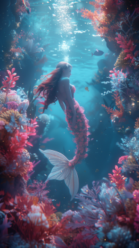 Mermaid swimming amidst colorful coral under the ocean, mystical phone wallpaper