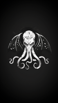 Cthulhu-themed phone wallpaper featuring a stylized white illustration of the mythical creature on a black background.