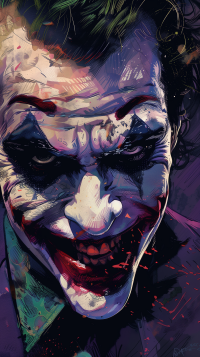 Artistic rendition of DC Comics' Joker with a vibrant, menacing grin, perfect for use as a mobile phone wallpaper.
