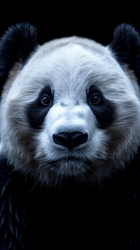 Close-up of a panda bear's face against a dark background, ideal for use as a phone wallpaper.