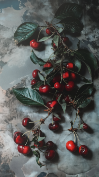 Artistic phone wallpaper featuring ripe cherries with vibrant green leaves on an abstract background.