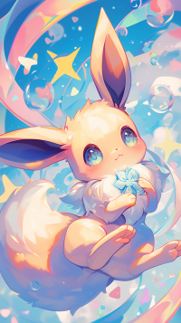 Colorful Eevee Pokémon wallpaper for mobile phones featuring a cute Eevee surrounded by a whimsical swirl of stars and bubbles.