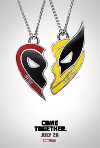 Phone wallpaper featuring stylized Deadpool and Wolverine mask-themed friendship necklaces with the phrase 'Come Together' and a release date, symbolizing a movie crossover.