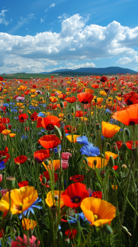 Bright and colorful sunny flower field perfect for phone wallpaper featuring vivid poppies and wildflowers under a clear blue sky with fluffy clouds.