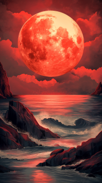 Stunning phone wallpaper featuring a vibrant blood moon illuminating the undulating waves between cliffs.