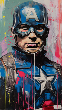 Colorful Captain America phone wallpaper featuring a stylized portrait of the iconic superhero with a vibrant graffiti-inspired background.