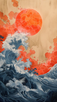 Aesthetic phone wallpaper featuring a stylized red sun and dynamic blue waves in a traditional Japanese art style.