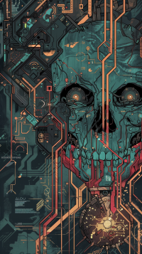 Cybernetic skull with circuitry design phone wallpaper.