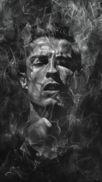 Artistic black and white wallpaper for phone featuring a stylized representation of a soccer player amidst dynamic smoke effects.